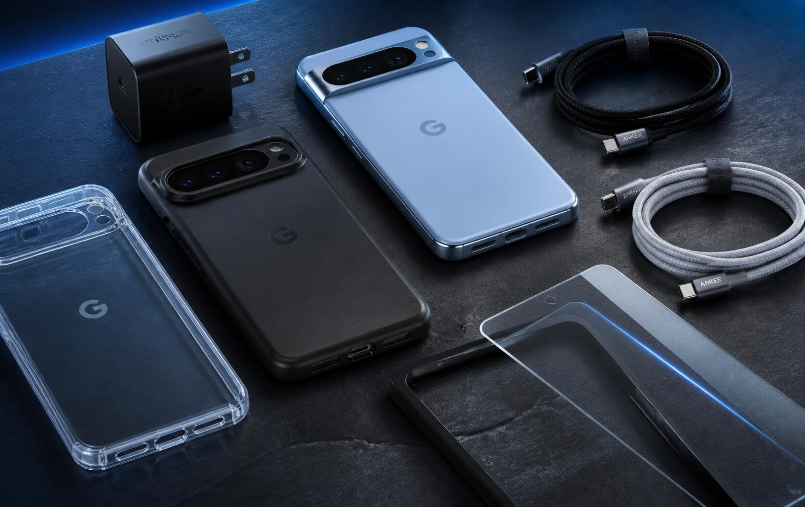 Phone cases, charging cables, plug charger and screen protector arranged on a dark surface